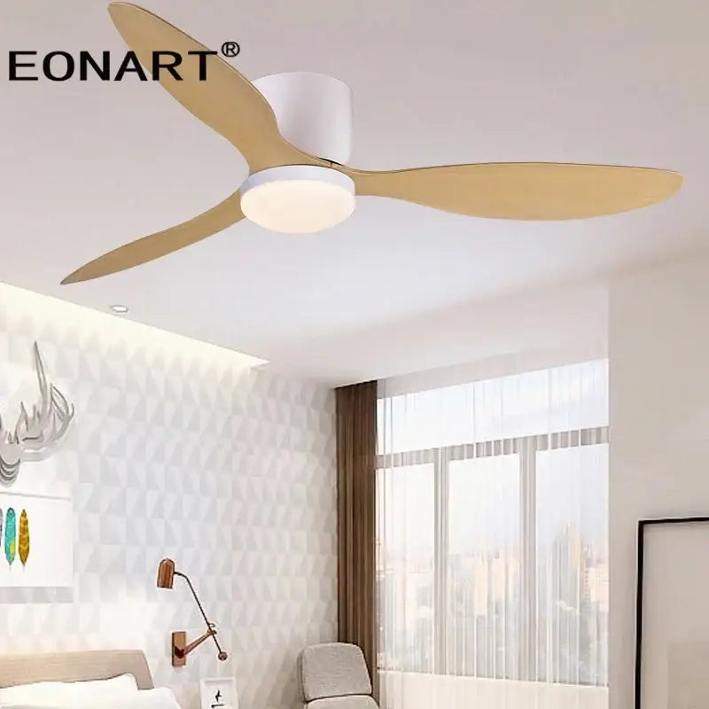Eonart modern black and white ceiling fan with three light wood blades led light and remote control for bedroom use