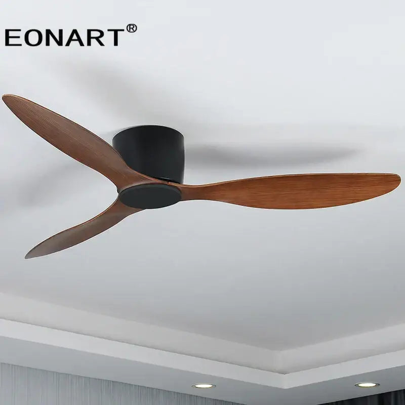 Modern black and white Eonart ceiling fan with three dark brown wooden blades led light and remote control for bedroom