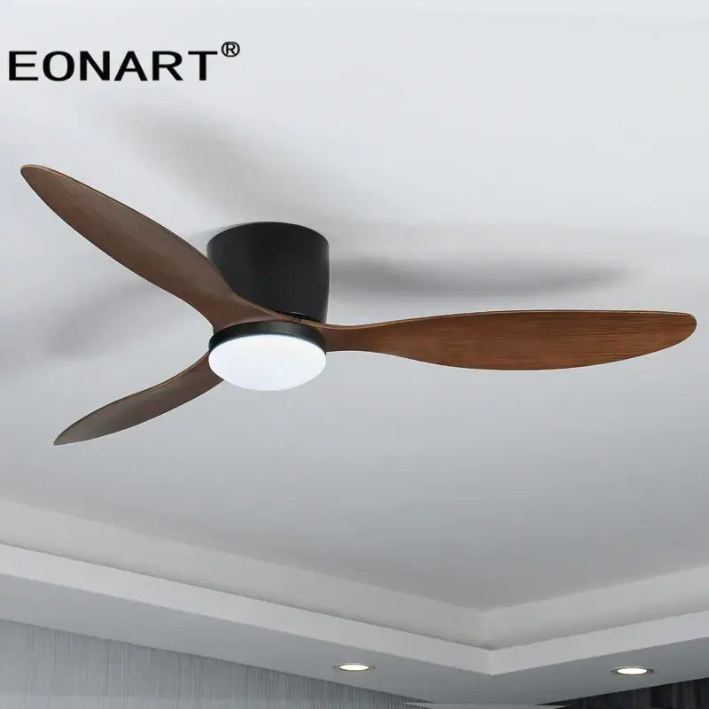 Eonart ceiling fan with three dark brown wooden blades black housing integrated led light and remote control for bedroom