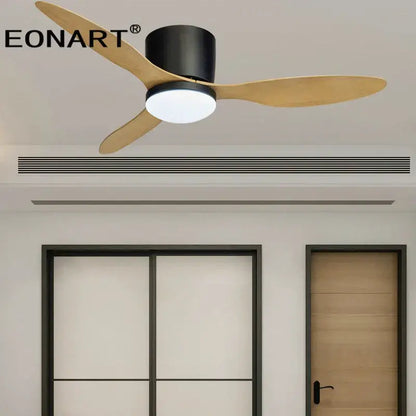 Eonart modern black ceiling fan with three light wooden blades and integrated led light with remote control for bedroom
