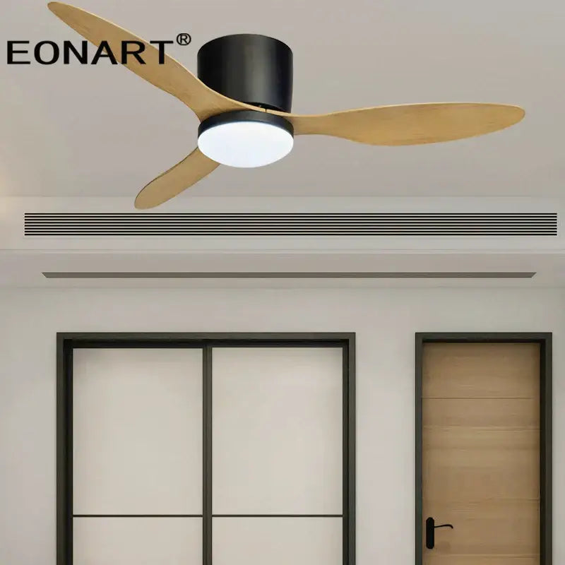 Eonart modern black ceiling fan with three light wooden blades and integrated led light with remote control for bedroom