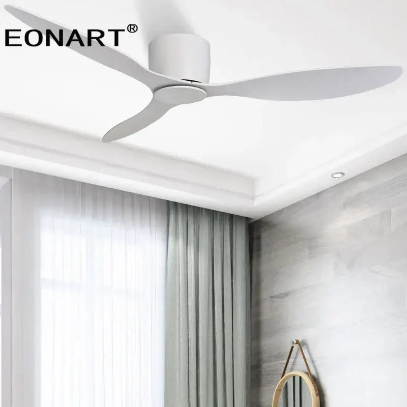 Modern black and white ceiling fan with led light remote control and sleek white eonart blades for bedroom use