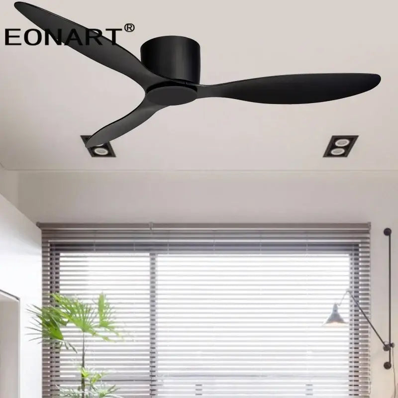 Modern black and white ceiling fan with sleek blades, led light, and remote control for bedroom use