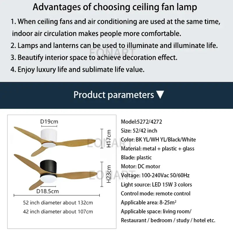 Modern black and white ceiling fan with wooden blades metal housing led light and remote control for bedroom use