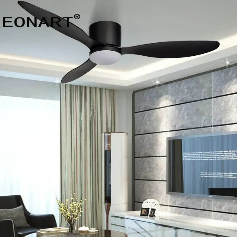 Modern black ceiling fan with three sleek blades and led light with remote control for bedroom use