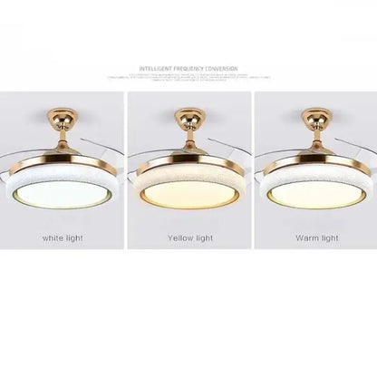 Gold crystal retractable ceiling fan light with gold finish and frosted glass diffuser featuring three lighting modes