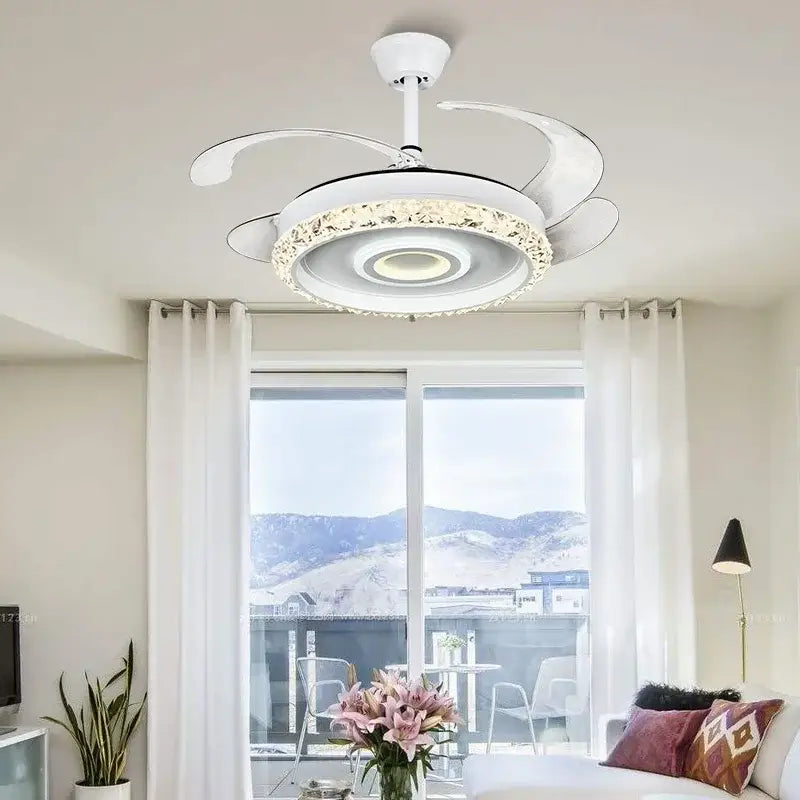 Modern white leaf fan chandelier with integrated led lighting and crystal accents for bedroom use
