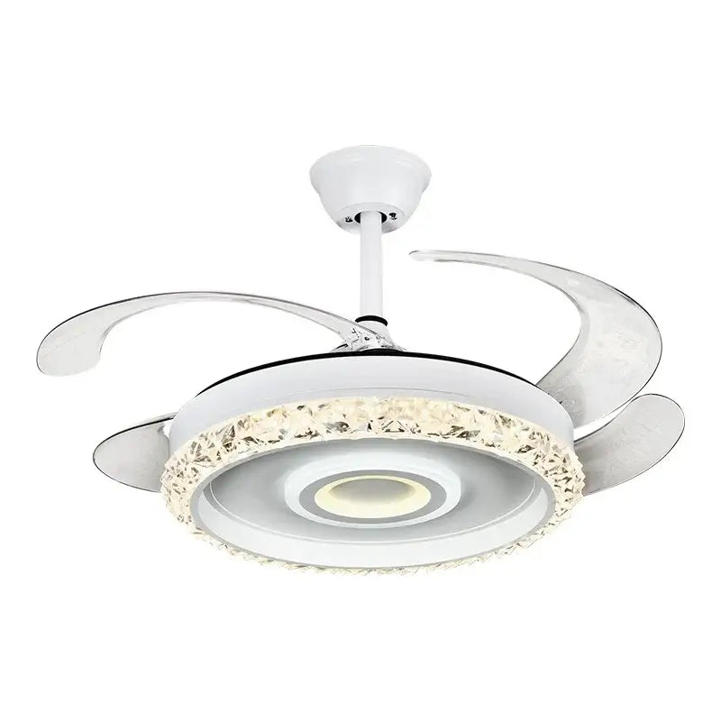 Modern white crystal leaf fan chandelier with curved blades chrome finish integrated led lighting for bedroom use