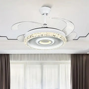 Modern white leaf fan chandelier with crystal-encrusted light ring and transparent curved blades for bedroom use