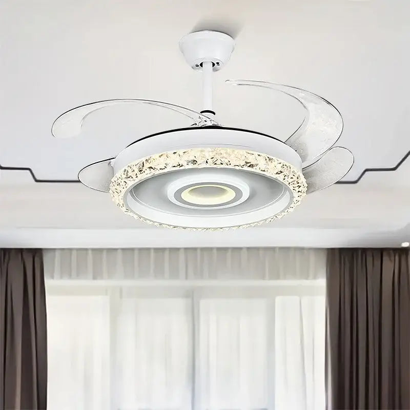 Modern white leaf fan chandelier with crystal-encrusted light ring and transparent curved blades for bedroom use