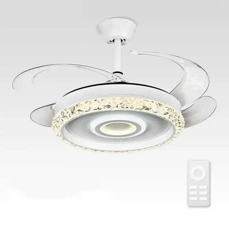 Modern white leaf fan chandelier with crystal-encrusted light ring and transparent curved blades for bedroom use