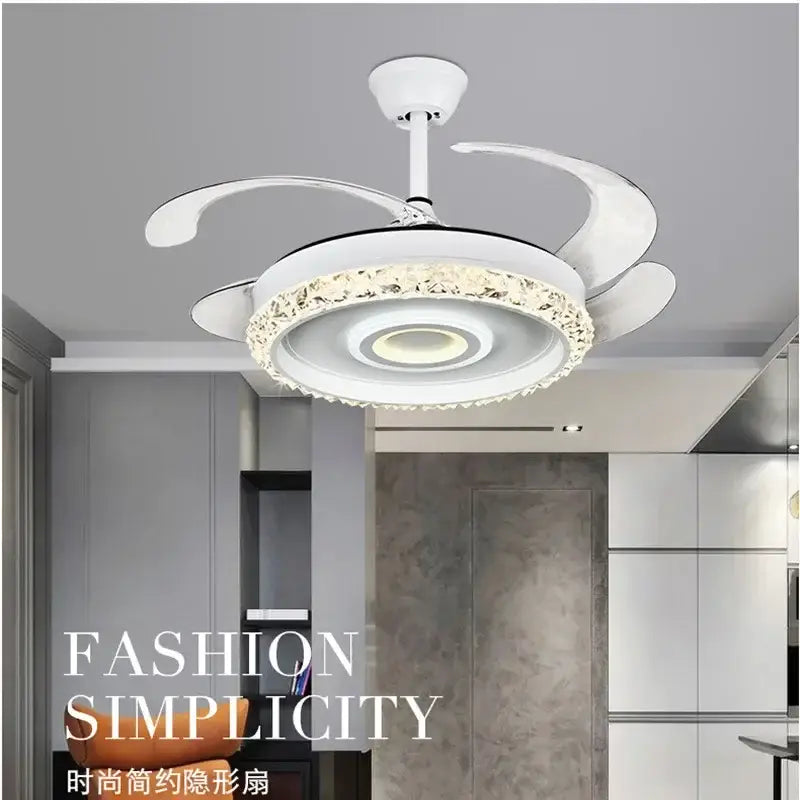 Modern white crystal leaf fan chandelier with sleek blades and crystal-encrusted light ring for bedroom use