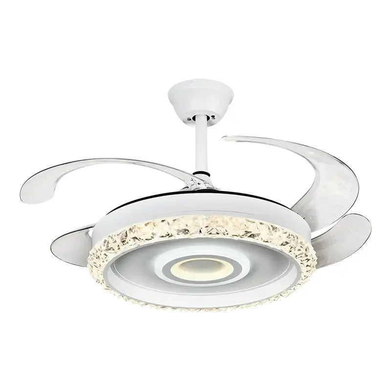 Modern white crystal leaf fan chandelier with sleek silver blades and sparkling crystal light fixture for bedroom