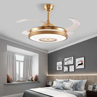Modern gold led ceiling fan with translucent curved blades and integrated lighting for living room use