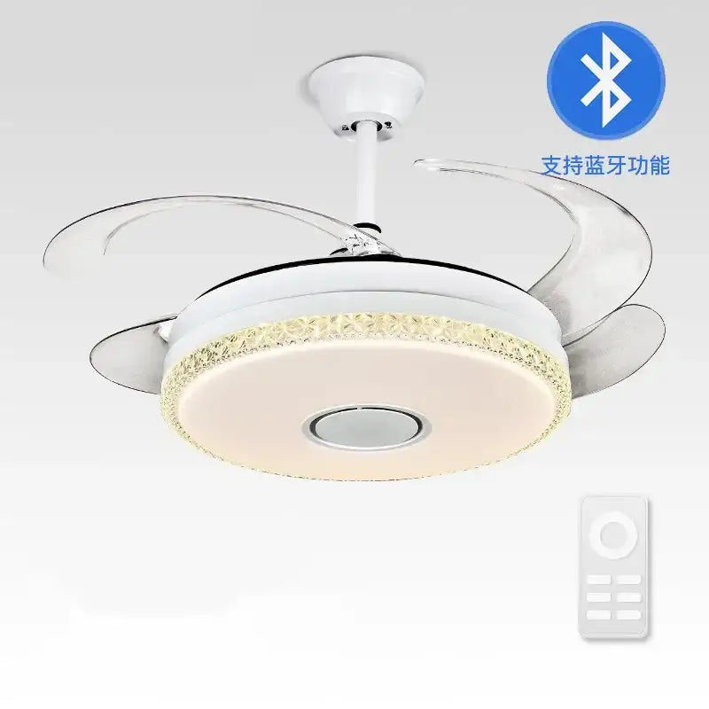 Luxury white crystal ceiling fan light with clear acrylic blades, integrated LED light, and bluetooth connectivity for bedroom