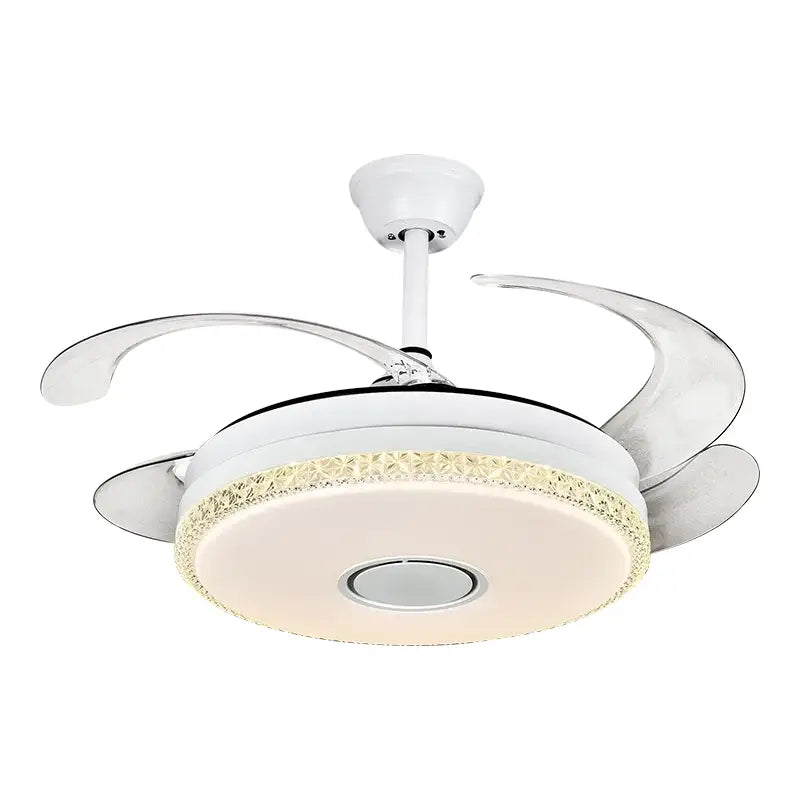Luxury white crystal ceiling fan light with sleek chrome blades and decorative crystal accents for bedroom use