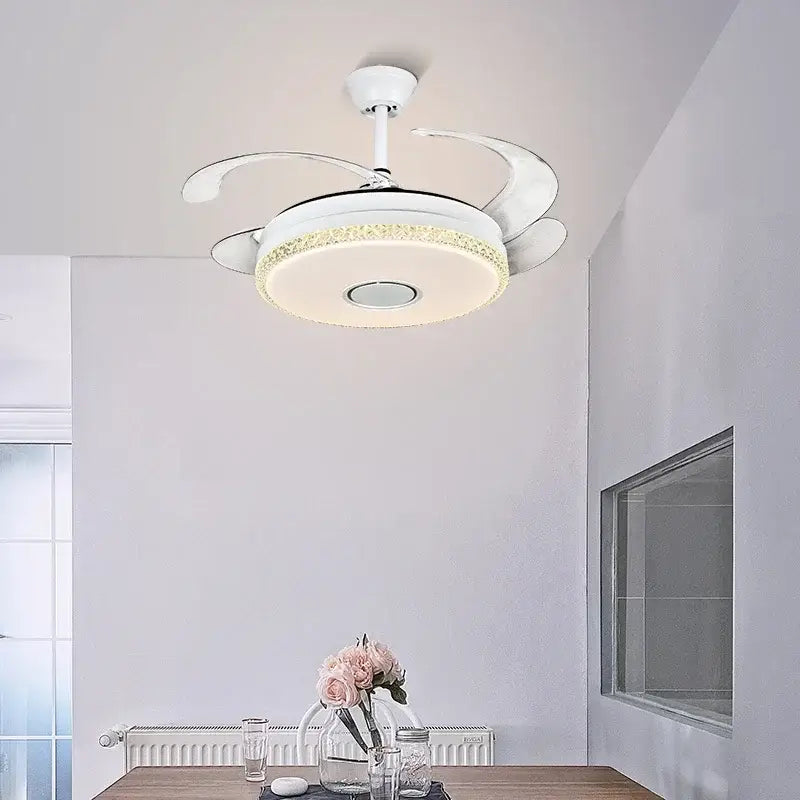 Luxury white crystal ceiling fan light with integrated led lighting and decorative accents for bedroom use