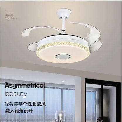 Luxury white crystal ceiling fan light with integrated led lighting and curved blades for bedroom use