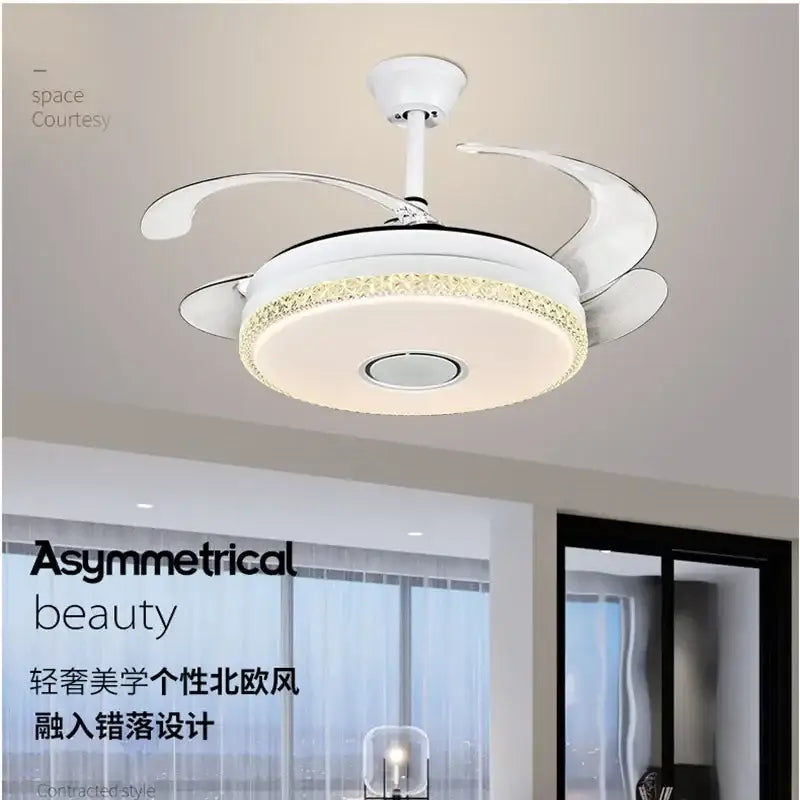 Luxury white crystal ceiling fan light with integrated led lighting and curved blades for bedroom use
