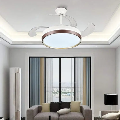 Modern black and white ceiling fan with remote control featuring a sleek white and bronze circular integrated light design