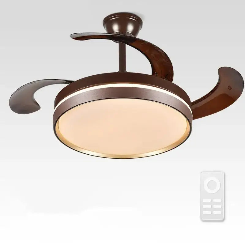 Bronze-finished modern black white ceiling fan with integrated led lighting and curved dark wood blades with remote control