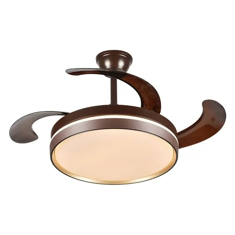 Modern black white ceiling fan with bronze finish, curved wooden blades, integrated light, and remote control for bedroom use