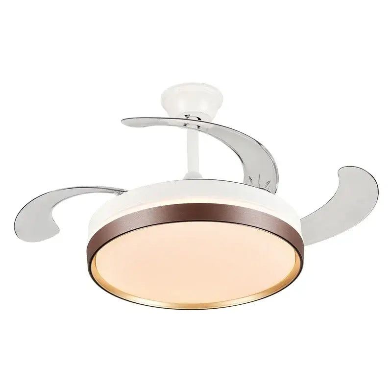 Modern black white ceiling fan with remote control featuring sleek chrome blades and white housing with bronze trim for bedroom use