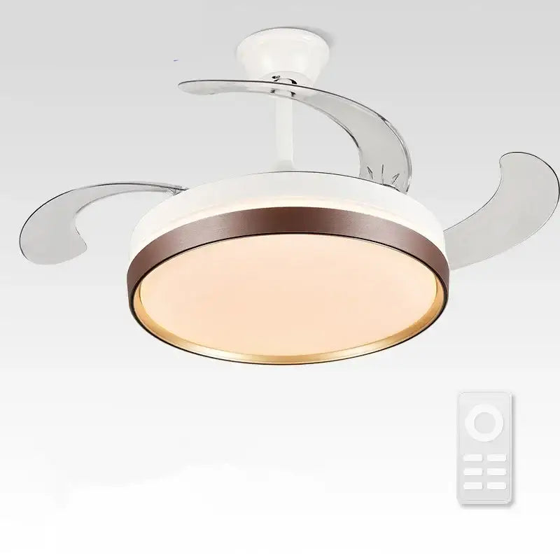 Modern black white ceiling fan with remote control featuring a white and bronze circular design with chrome blades and integrated light