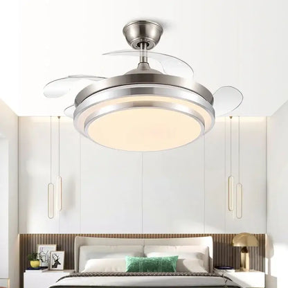 Modern brushed stainless led ceiling fan with silver-toned retractable blades and integrated circular led ceiling light fixture