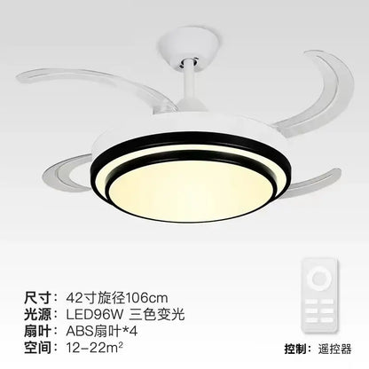 Modern brushed stainless led ceiling fan with white and black circular design and four translucent abs blades for bedroom use