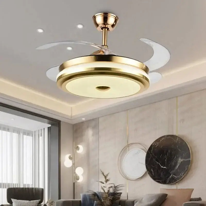 Modern gold retractable ceiling fan light with integrated fan light and translucent white blades for living room use