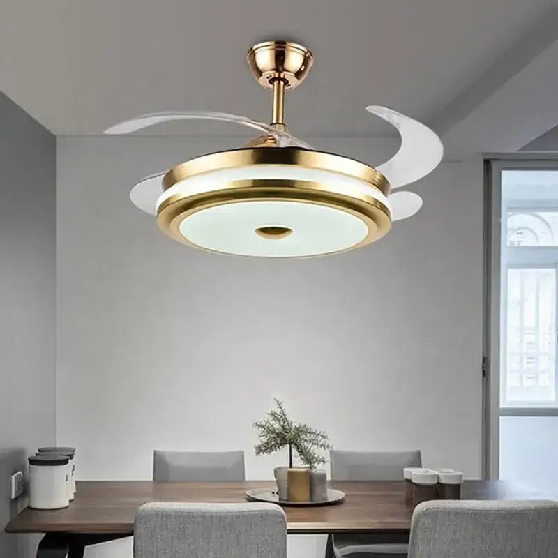 Modern gold retractable ceiling fan light with translucent white blades and integrated fan light for living room use
