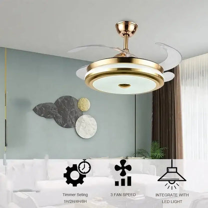 Modern gold retractable ceiling fan light with integrated led fan light and translucent blades for living room use
