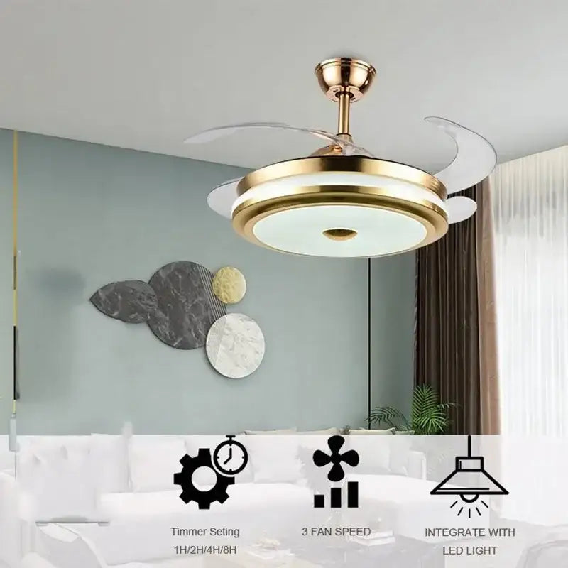 Modern gold retractable ceiling fan light with integrated led fan light and translucent blades for living room use