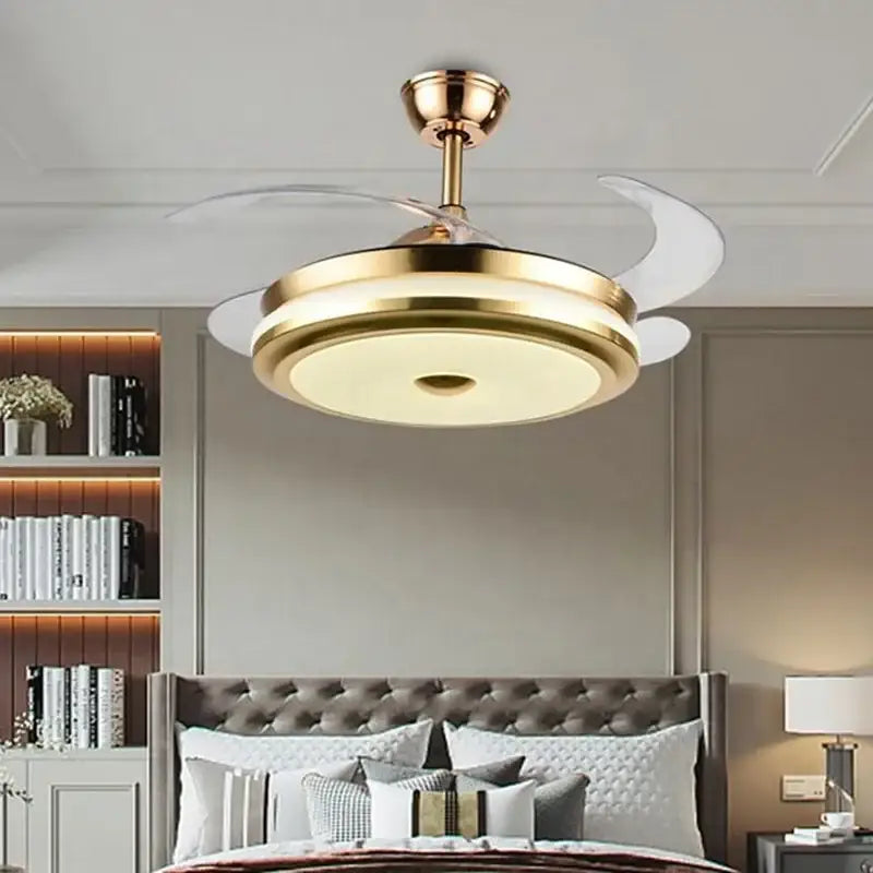 Modern gold retractable ceiling fan light with integrated fan light and translucent white blades for living room use