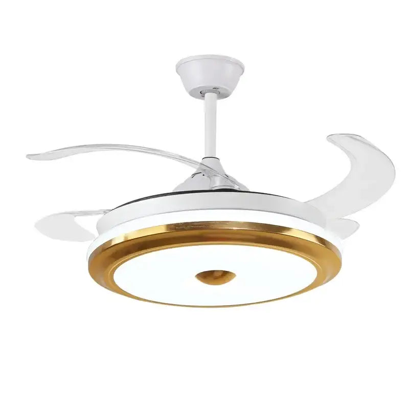 Modern white and gold retractable ceiling fan light with integrated led lighting for living room use with remote control