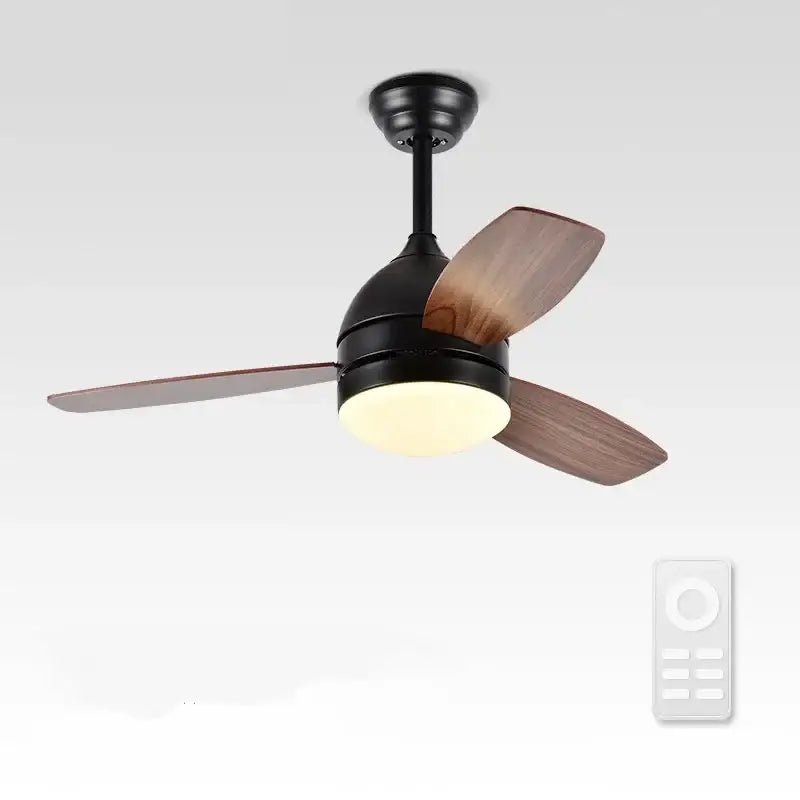 Modern black metal ceiling fan with three wooden blades and warm-toned integrated light for bedroom use with remote control