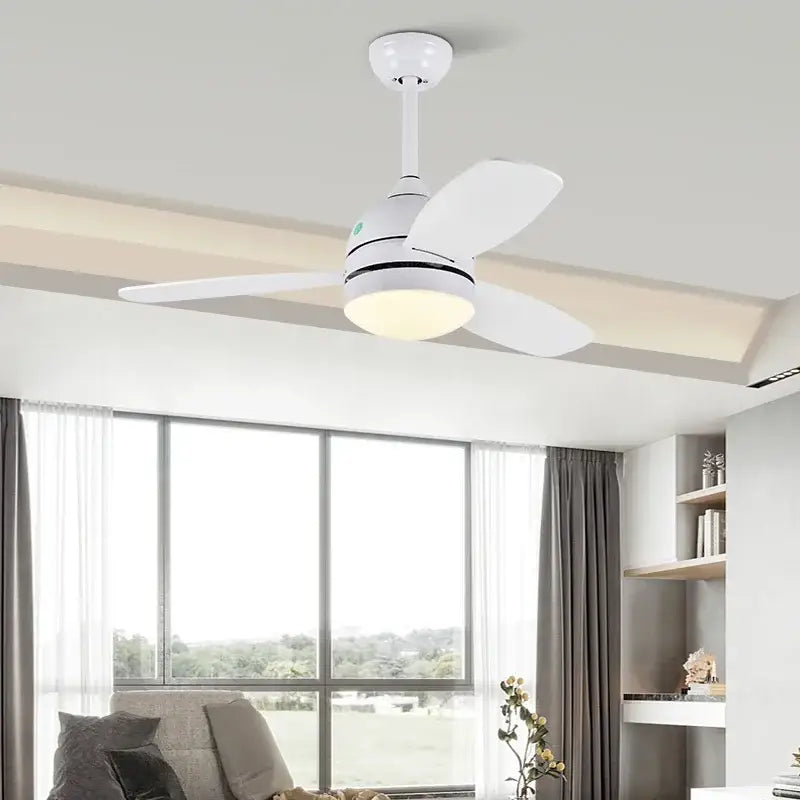 Modern white wood blades ceiling fan with three blades and integrated lighting for bedroom use with remote control