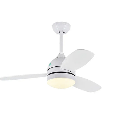 Modern white ceiling fans light with three sleek wood blades and integrated led light for bedroom use with remote