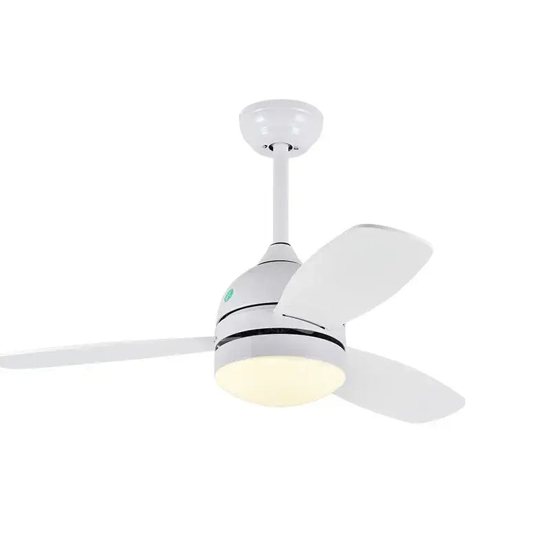 Modern white ceiling fans light with three sleek wood blades and integrated led light for bedroom use with remote
