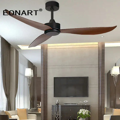 Modern black ceiling fan with three dark brown wooden blades and remote control for living room use with plastic blade ceiling design