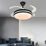 Modern black and white ceiling fan with led light, sleek curved blades, and remote control for convenient use