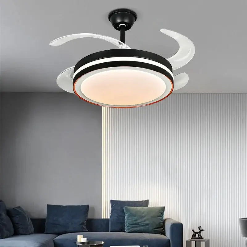 Modern black and white ceiling fan with led light, sleek curved blades, and remote control for convenient use
