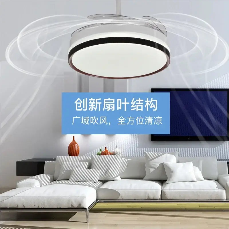 Modern black and white ceiling fan with remote control led light and transparent blades for an elegant look