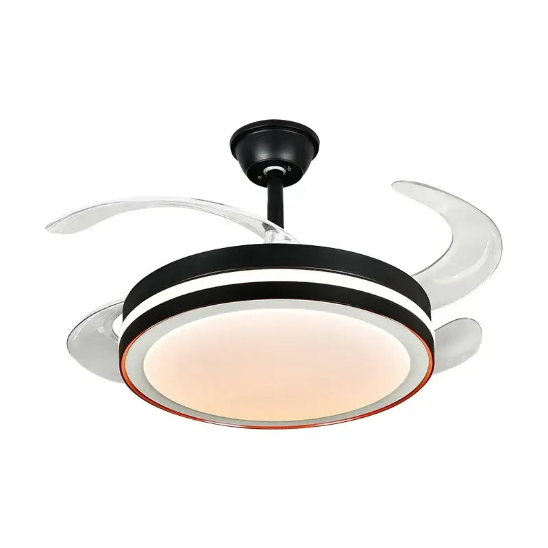 Modern black and white ceiling fan with sleek curved blades, integrated led light, and remote control functionality