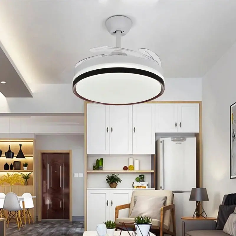 Modern black and white ceiling fan with led light and remote control featuring black trim and integrated lighting