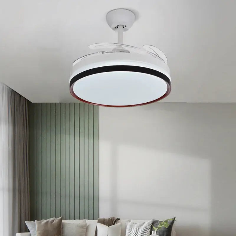 Modern black and white ceiling fan with led light and remote control featuring a white fan with black and red trim