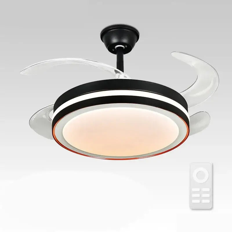 Modern black and white ceiling fan with translucent curved blades, integrated led light, and remote control functionality