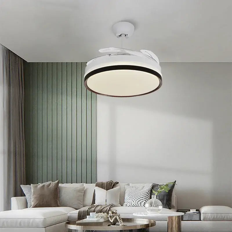 Modern black and white ceiling fan with led light and remote control featuring a sleek circular design with black trim