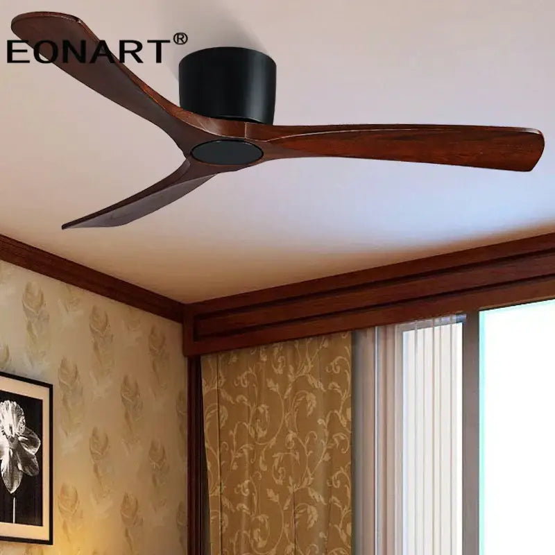 Eonart modern black and white wooden led dc ceiling fan with three dark brown wooden blades and black housing for bedroom